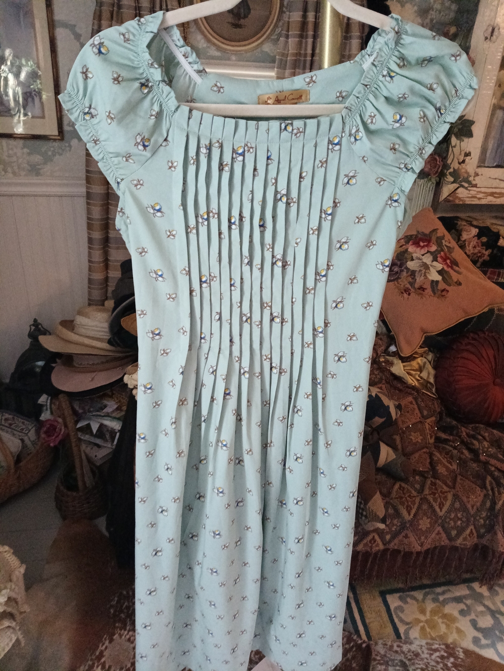 April Cornell Pale Blue Floral Pintuck Cotton Dress